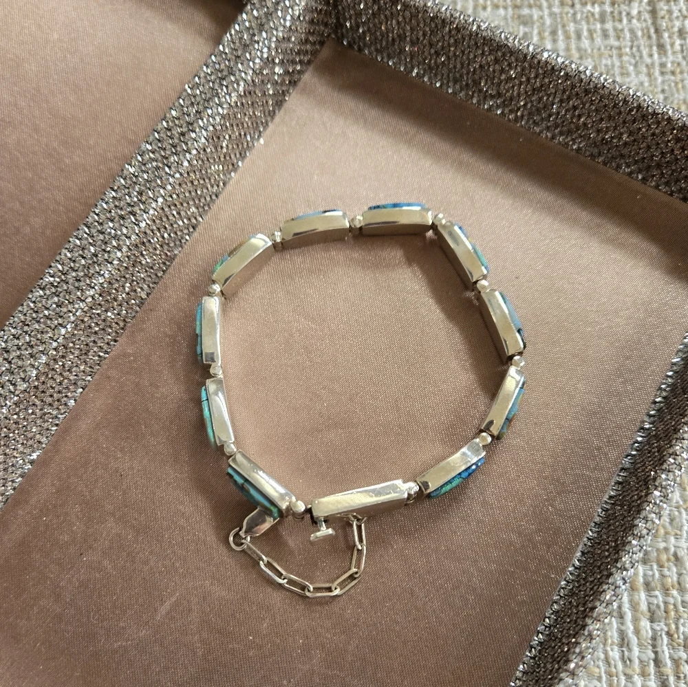 Vintage Navajo Calvin Begay Sterling Opal Bracelet - Picture 9 of 12